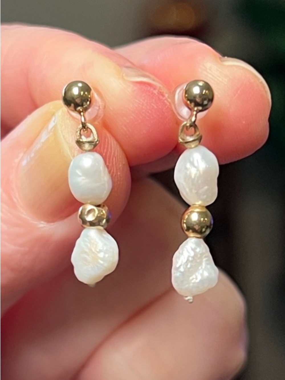 14k Solid Yellow Gold Natural Keshi Baroque Pearl Dangle Earrings Organic Nugget